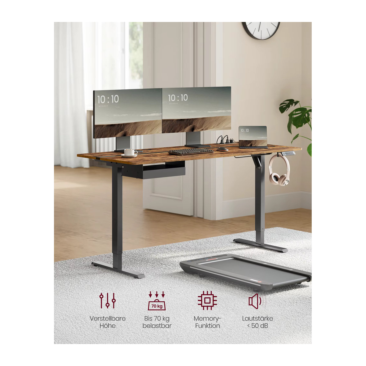 VASAGLE Elektrisch höhenverstellbarer Schreibtisch in Braun mit Memory-Funktion und 4 Höhenstufen, B: 160 cm, T: 70 cm - Bild 2