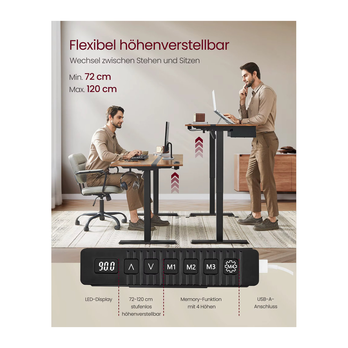 VASAGLE Elektrisch höhenverstellbarer Schreibtisch in Braun mit Memory-Funktion und 4 Höhenstufen, B: 160 cm, T: 70 cm - Bild 3