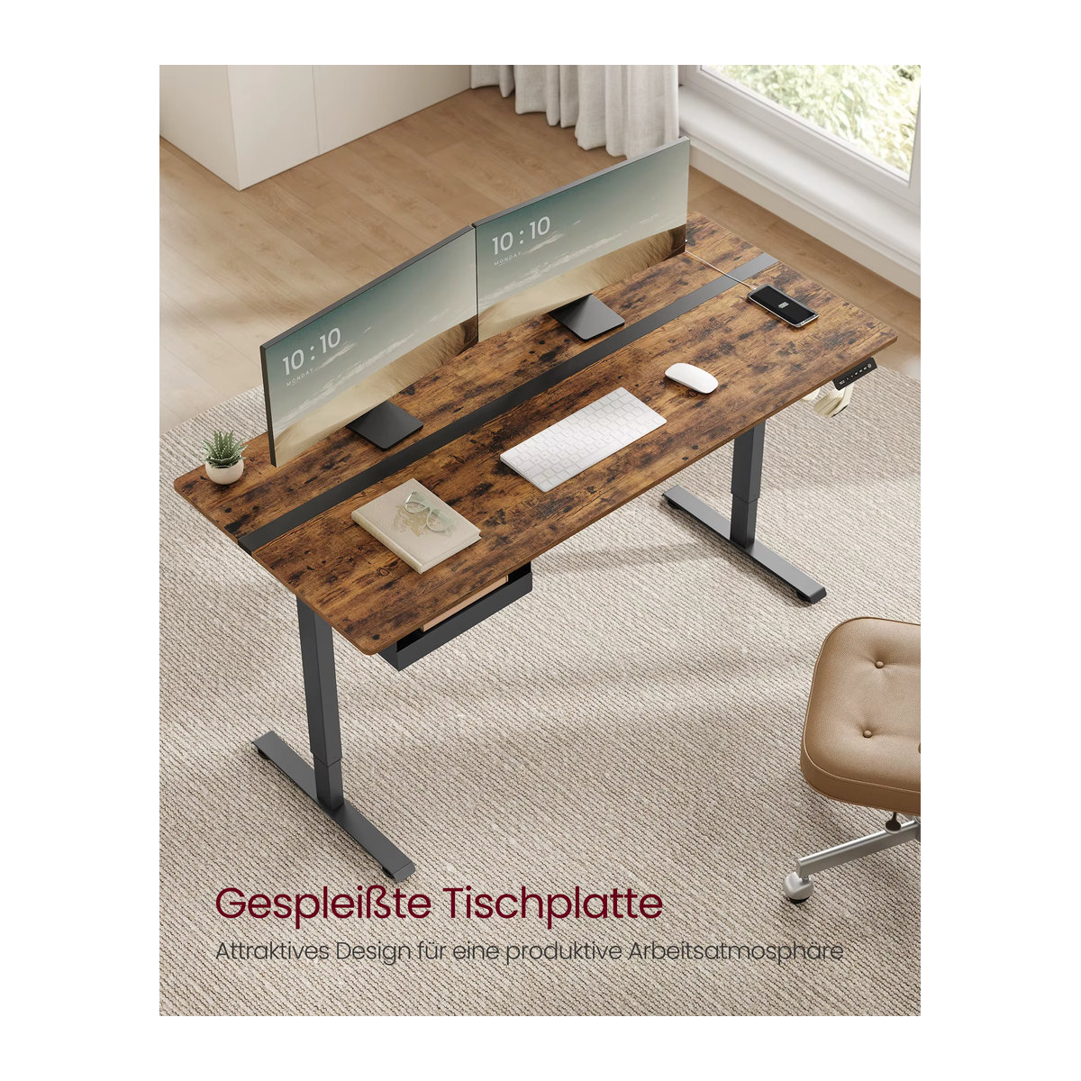 VASAGLE Elektrisch höhenverstellbarer Schreibtisch in Braun mit Memory-Funktion und 4 Höhenstufen, B: 160 cm, T: 70 cm - Bild 4
