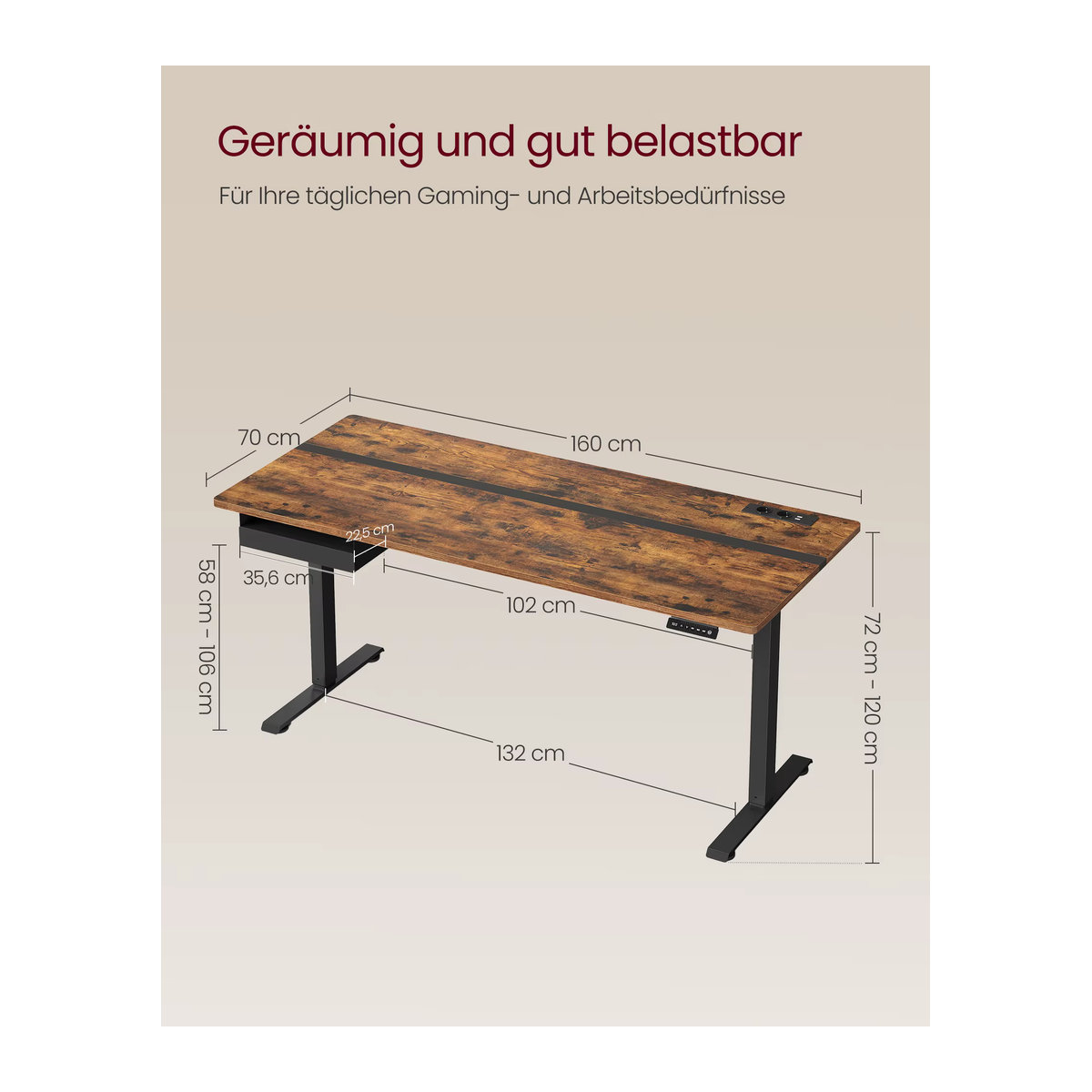 VASAGLE Elektrisch höhenverstellbarer Schreibtisch in Braun mit Memory-Funktion und 4 Höhenstufen, B: 160 cm, T: 70 cm - Bild 5