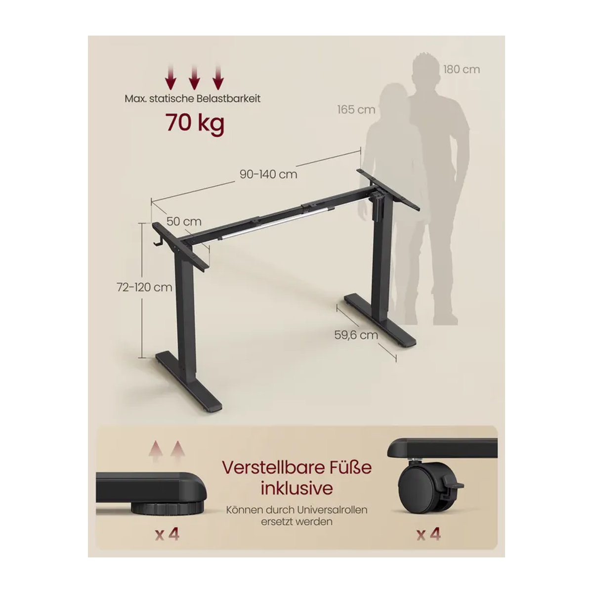 VASAGLE Elektrisch höhenverstellbarer Schreibtisch mit Memory-Funktion, Tischgestell aus Metall in Schwarz - Bild 3