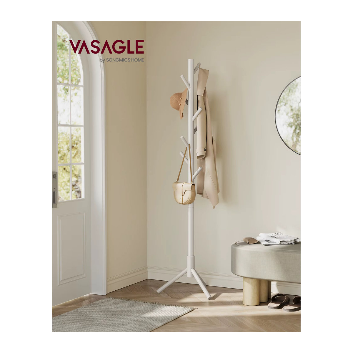 VASAGLE Garderobenständer aus Massivholz in Baumform mit 8 Haken in Beige und Weiß - Bild 3