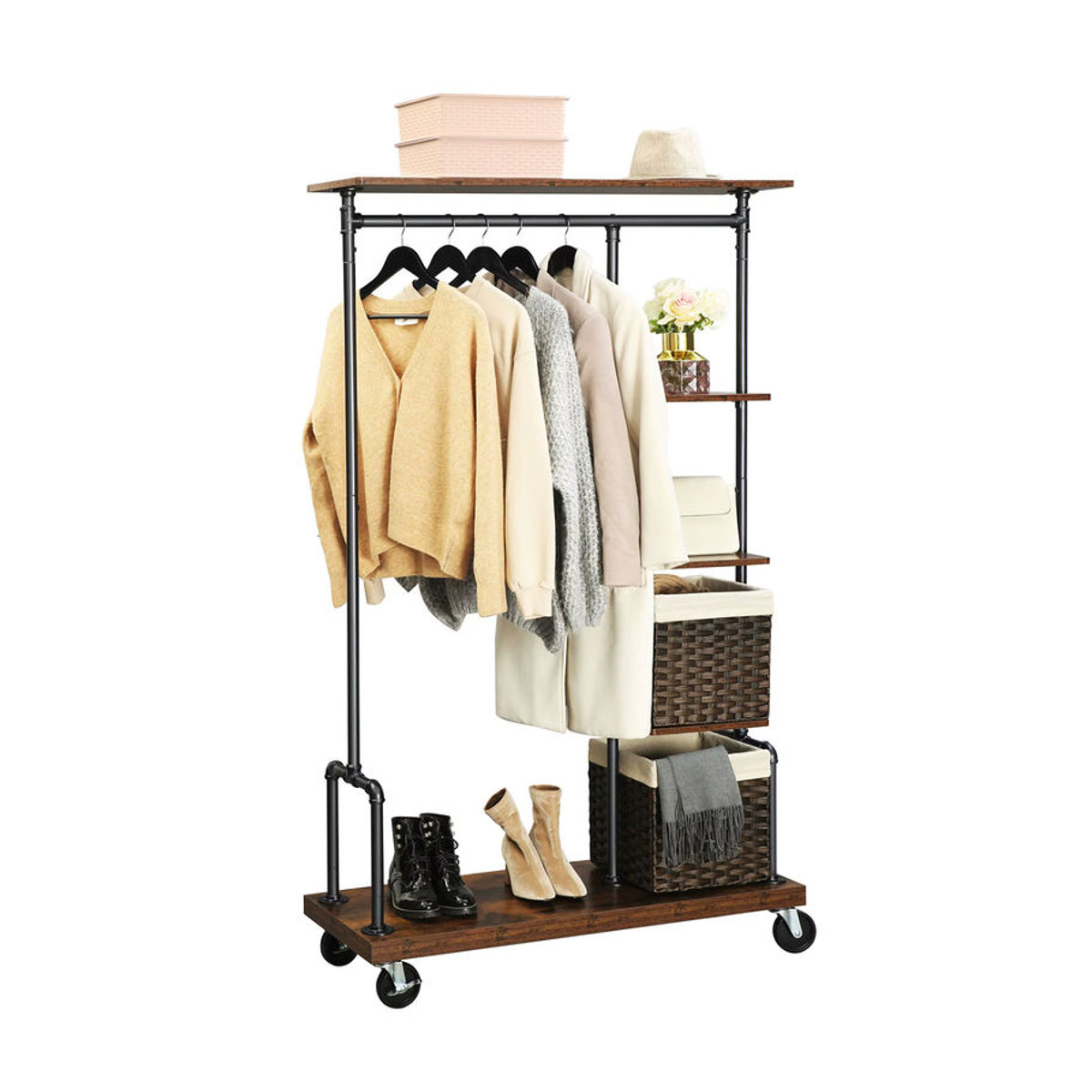 VASAGLE Garderobenständer im Industrial Design mit 5 Ablagen und Rollen, Braun/Nussbaum - Bild 2