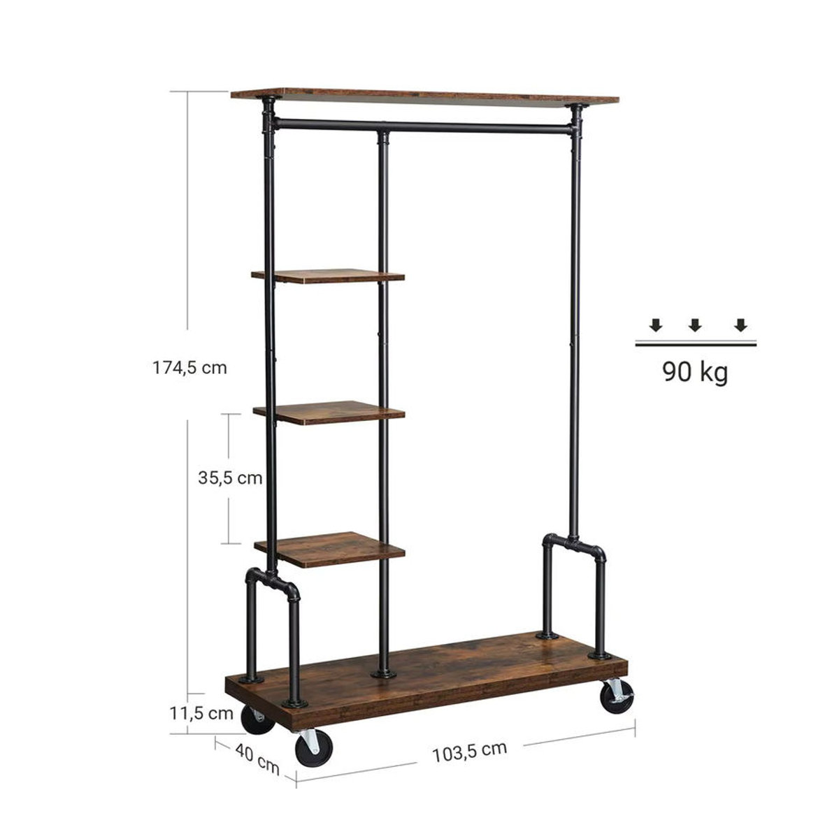 VASAGLE Garderobenständer im Industrial Design mit 5 Ablagen und Rollen, Braun/Nussbaum - Bild 3