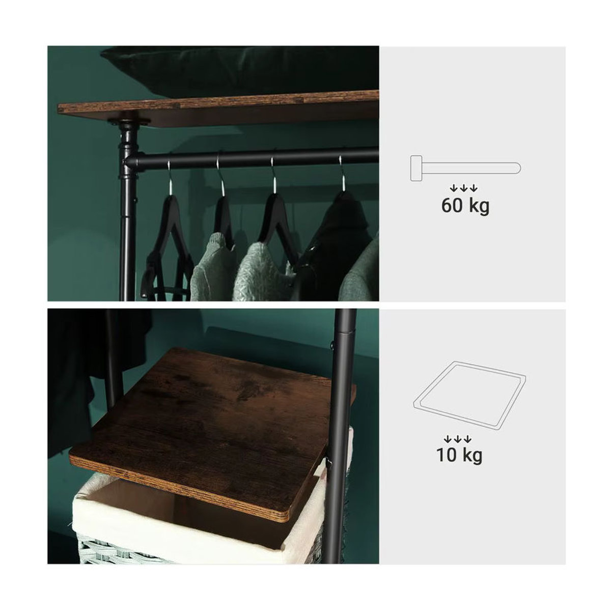 VASAGLE Garderobenständer im Industrial Design mit 5 Ablagen und Rollen, Braun/Nussbaum - Bild 4