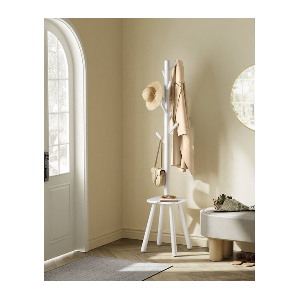 VASAGLE Garderobenständer in Beige oder Weiß mit 8 Haken und Ablagefläche im minimalistischen Design - Bild 1