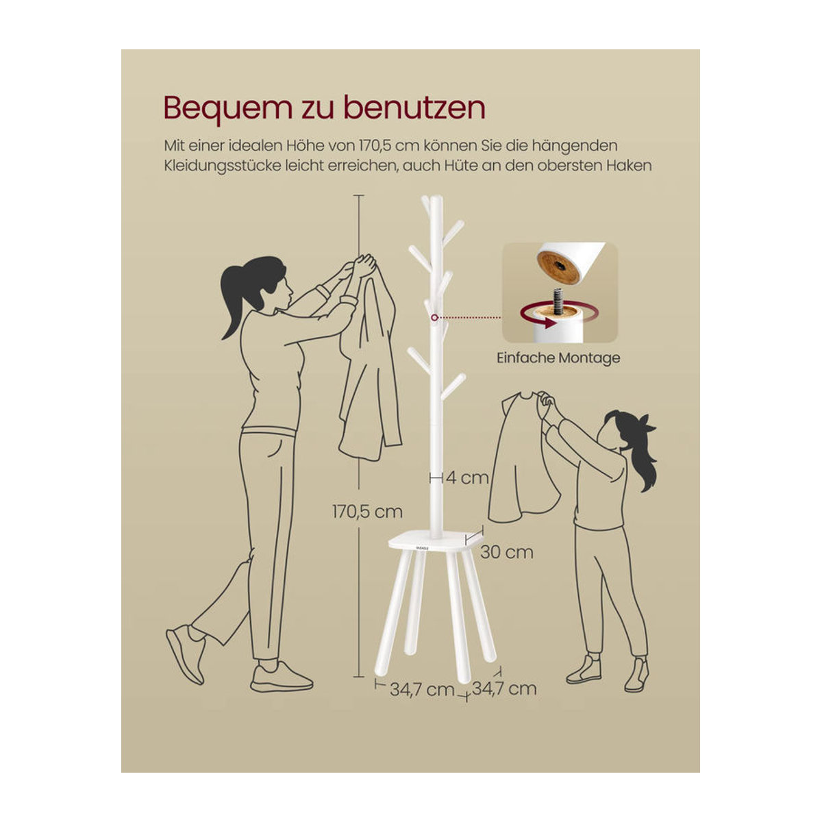 VASAGLE Garderobenständer in Beige oder Weiß mit 8 Haken und Ablagefläche im minimalistischen Design - Bild 3