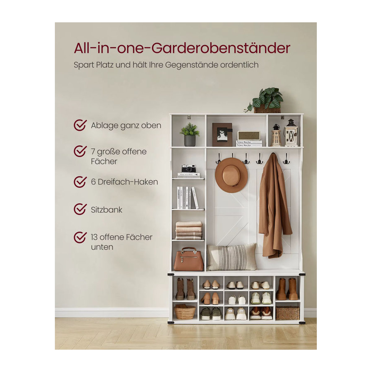 VASAGLE Garderobenständer in Weiß mit Schuhregal und verstellbaren Ablagen, minimalistisches Eingangsmöbel, B/T/H: 130 x 40 x 200 cm - Bild 2