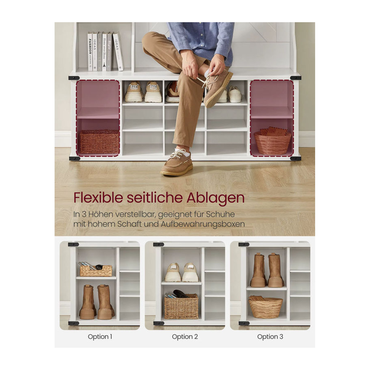 VASAGLE Garderobenständer in Weiß mit Schuhregal und verstellbaren Ablagen, minimalistisches Eingangsmöbel, B/T/H: 130 x 40 x 200 cm - Bild 3