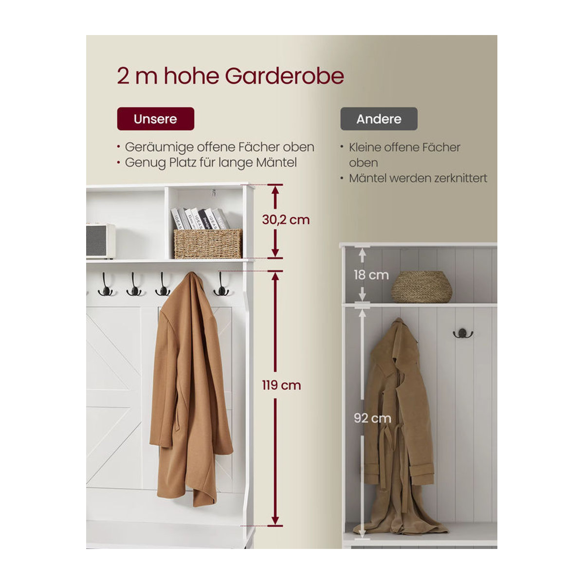 VASAGLE Garderobenständer in Weiß mit Schuhregal und verstellbaren Ablagen, minimalistisches Eingangsmöbel, B/T/H: 130 x 40 x 200 cm - Bild 4