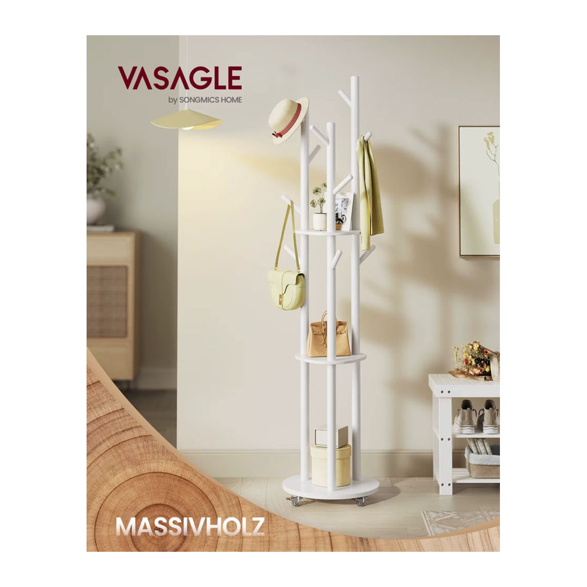 VASAGLE Garderobenständer mit 11 Haken und 3 Ablagen aus Massivholz, minimalistisches Design, Weiß oder Schwarz - Bild 2