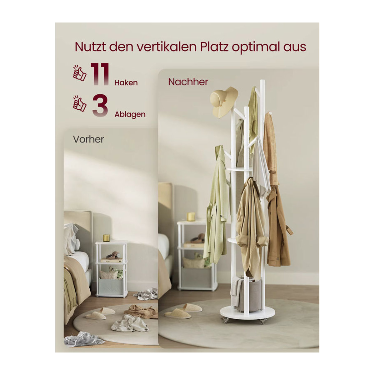 VASAGLE Garderobenständer mit 11 Haken und 3 Ablagen aus Massivholz, minimalistisches Design, Weiß oder Schwarz - Bild 3