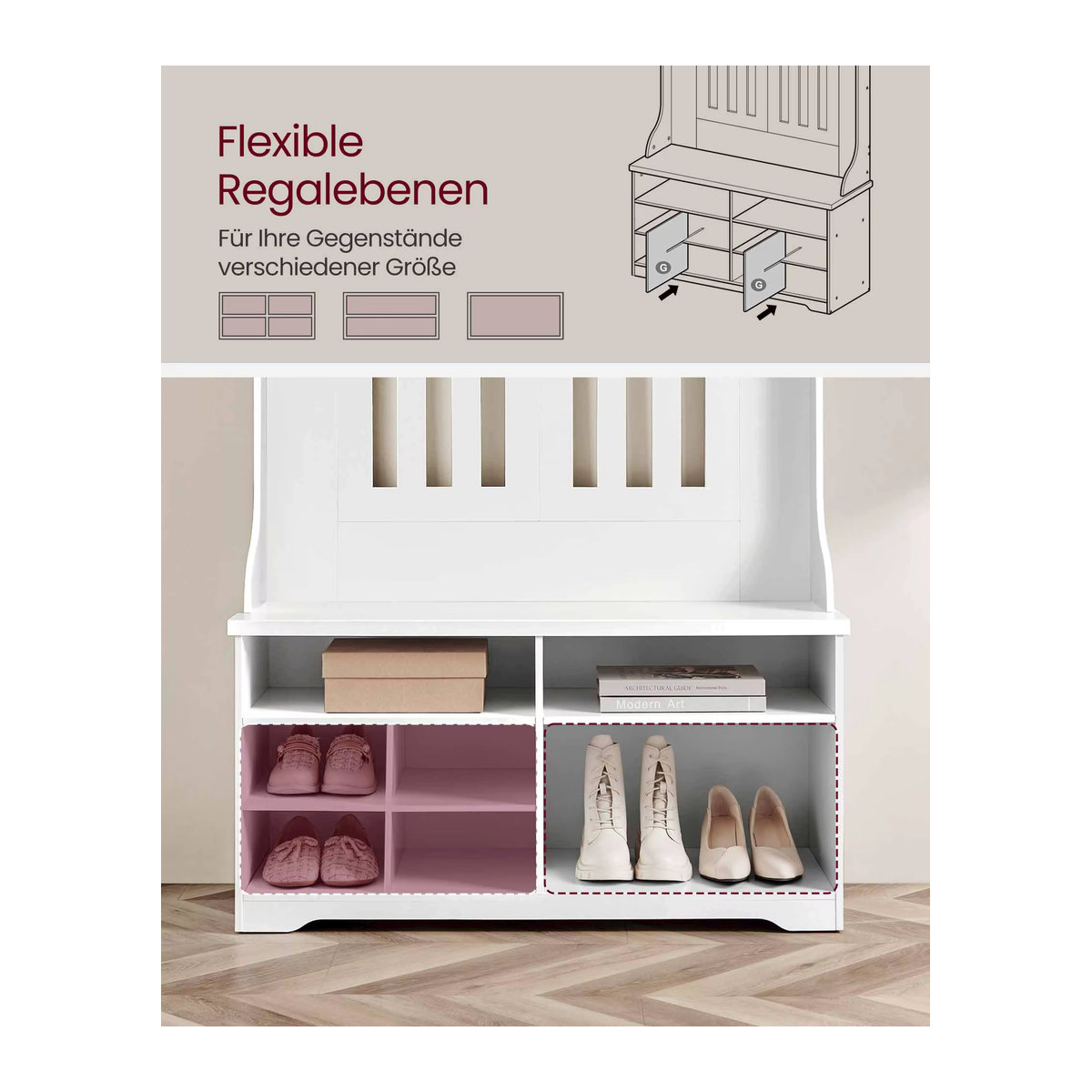 VASAGLE Garderobenständer mit Schuhbank in Weiß im Landhausstil mit 5 Dreifach-Haken und verstellbaren Regalebenen - Bild 4