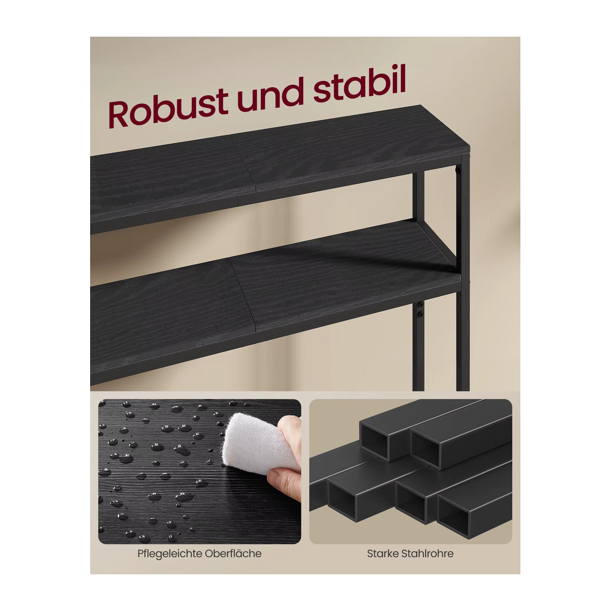 VASAGLE Konsolentisch im Industrial Design mit 2 Ablagen, Schwarz, Rechteckig - Bild 2
