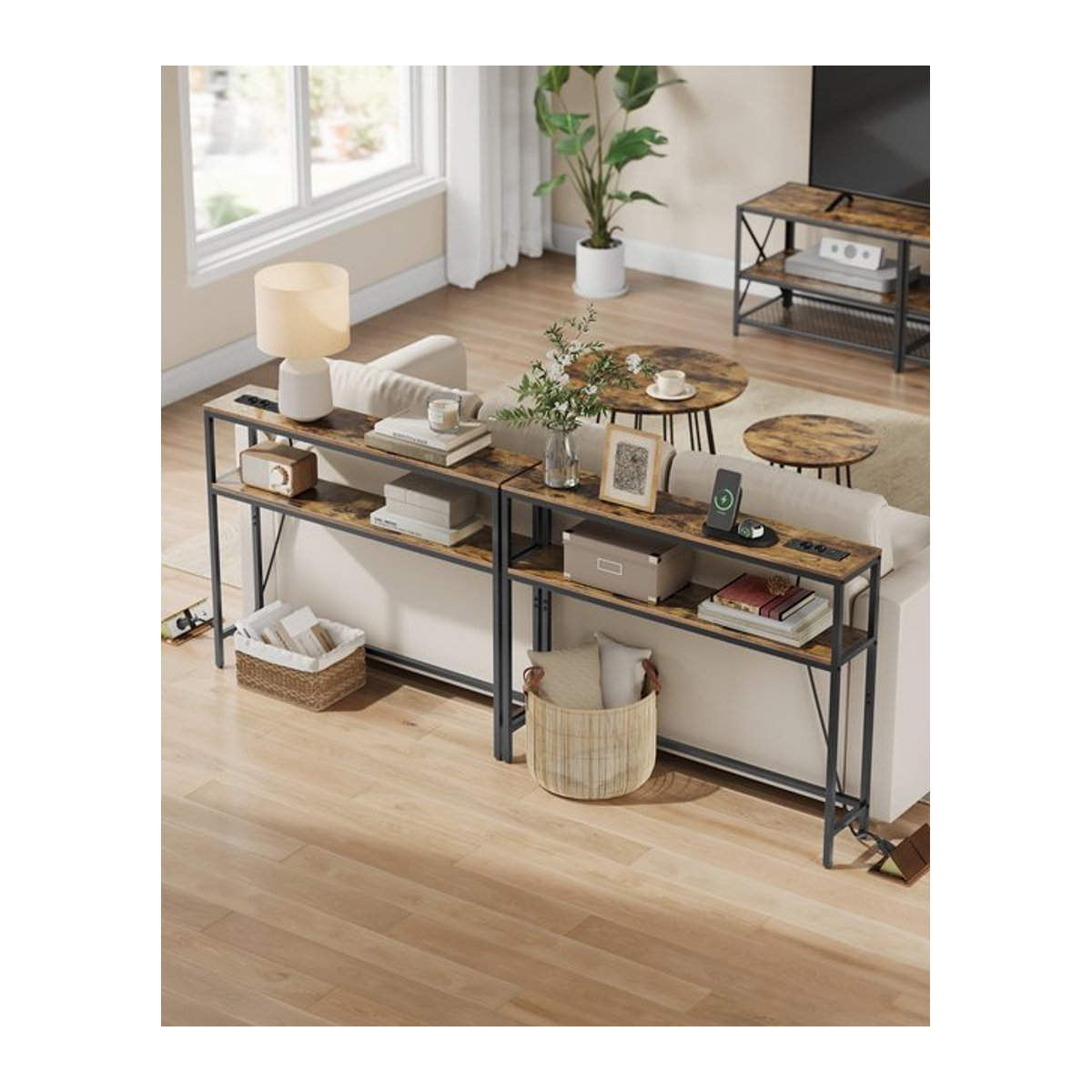 VASAGLE Konsolentisch im Industrial Design mit 2 Ablagen und Ladestation, B/T/H: 100 x 20 x 80 cm - Bild 1