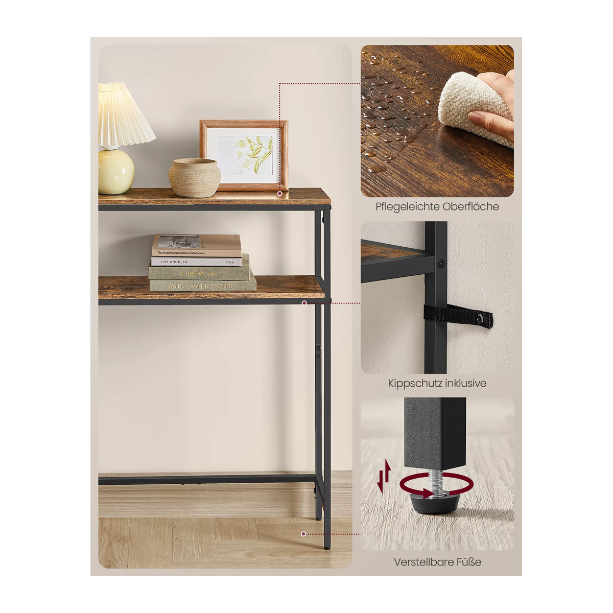 VASAGLE Konsolentisch im Industrial Design mit 2 Ablagen und Ladestation, B/T/H: 100 x 20 x 80 cm - Bild 2