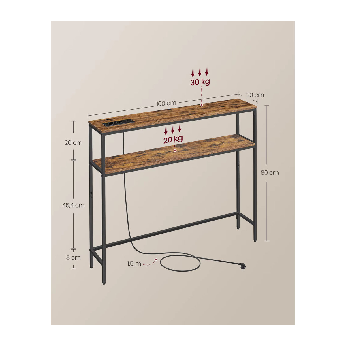 VASAGLE Konsolentisch im Industrial Design mit 2 Ablagen und Ladestation, B/T/H: 100 x 20 x 80 cm - Bild 3