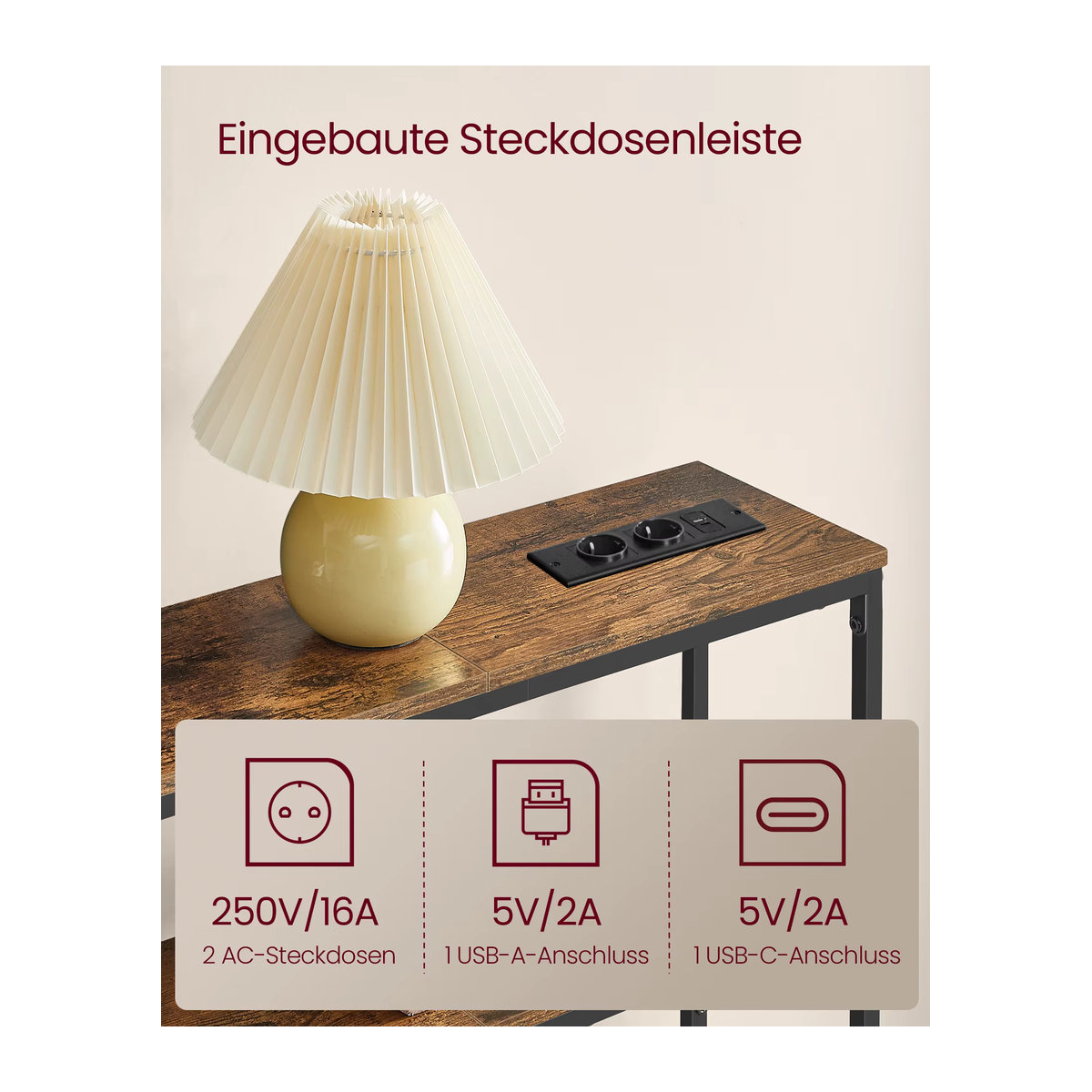 VASAGLE Konsolentisch im Industrial Design, schmaler Flurtisch aus Holzwerkstoff und Metall, Braun/Nussbaum, B/T/H: 80 x 20 x 80 cm - Bild 2