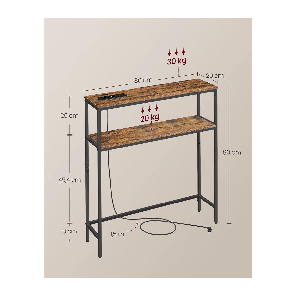 VASAGLE Konsolentisch im Industrial Design, schmaler Flurtisch aus Holzwerkstoff und Metall, Braun/Nussbaum, B/T/H: 80 x 20 x 80 cm - Bild 4