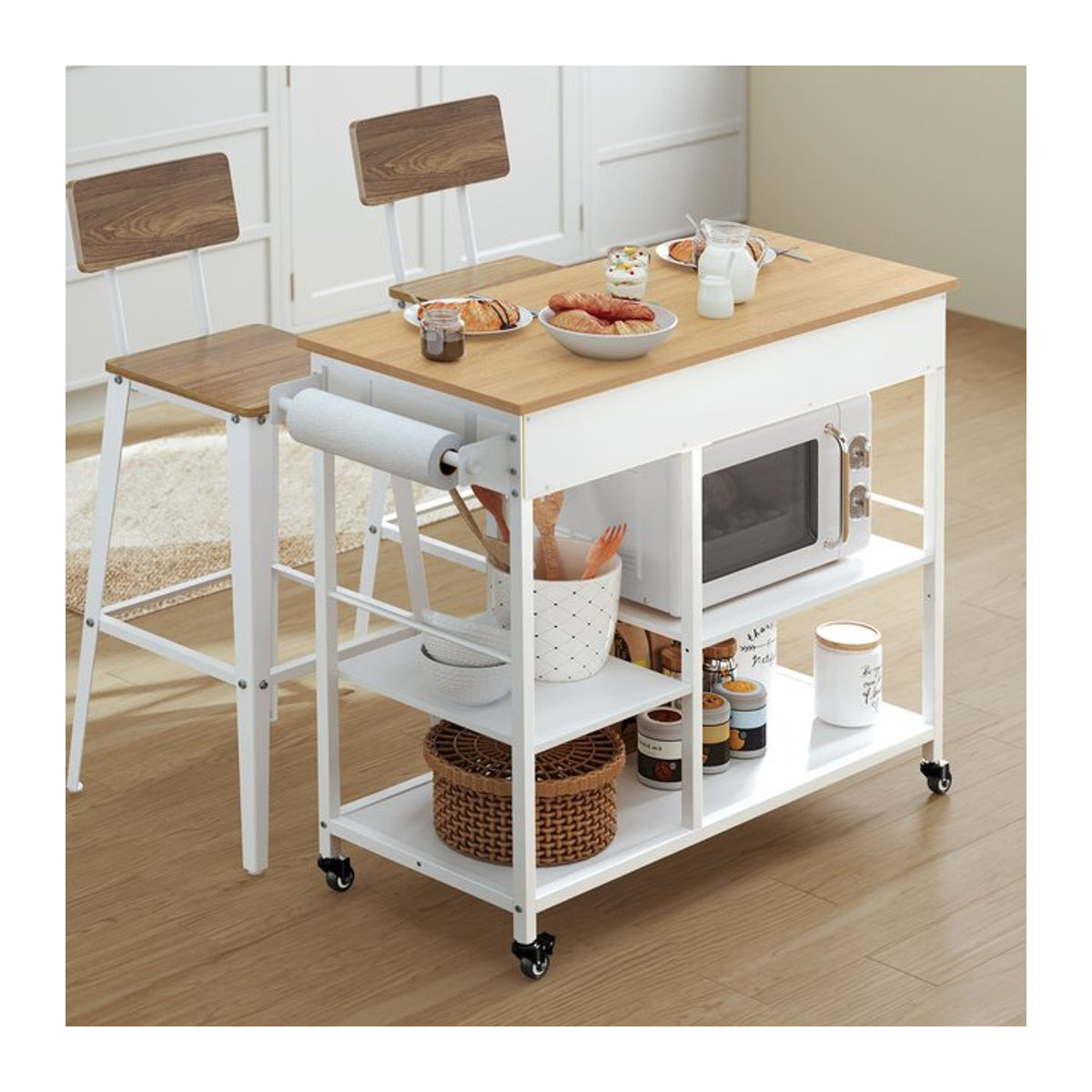 VASAGLE Kücheninsel als mobiler Servierwagen mit Rollen im skandinavischen Design, Schwarz/Weiß oder Beige - Bild 1