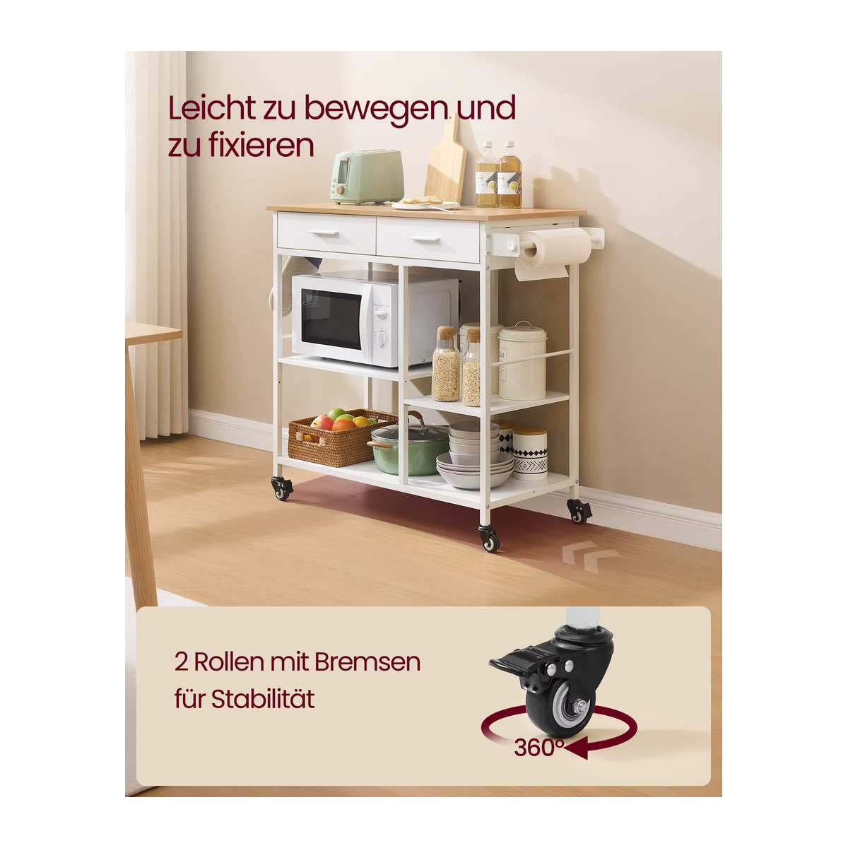 VASAGLE Kücheninsel als mobiler Servierwagen mit Rollen im skandinavischen Design, Schwarz/Weiß oder Beige - Bild 3
