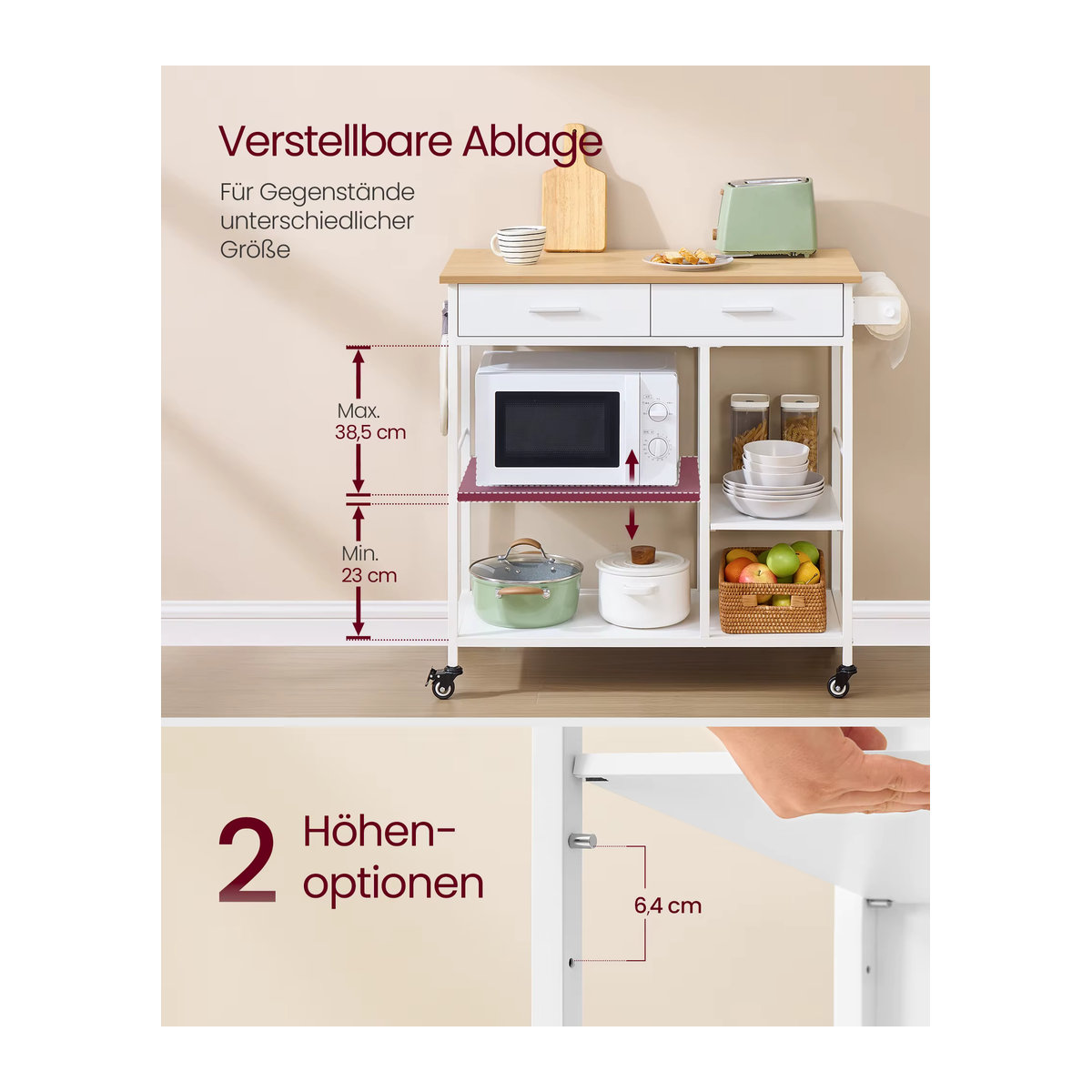 VASAGLE Kücheninsel als mobiler Servierwagen mit Rollen im skandinavischen Design, Schwarz/Weiß oder Beige - Bild 4
