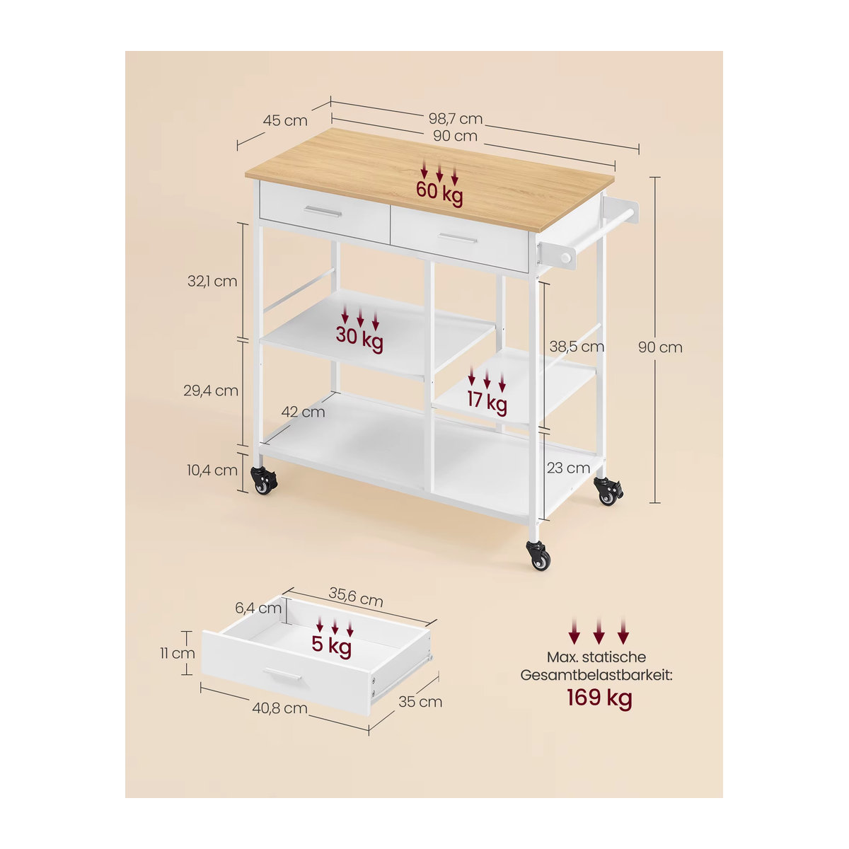 VASAGLE Kücheninsel als mobiler Servierwagen mit Rollen im skandinavischen Design, Schwarz/Weiß oder Beige - Bild 5