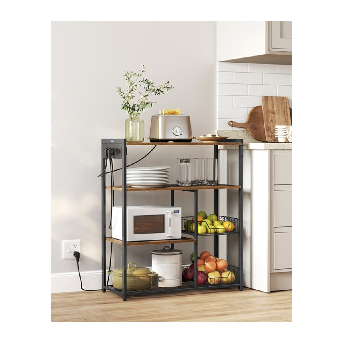 VASAGLE Küchenregal im Industrie-Design mit Steckdosen und 2 Metallkörben, Farbe: Braun/Tintenschwarz, B/T/H: 80 x 35 x 93,5 cm - Bild 1