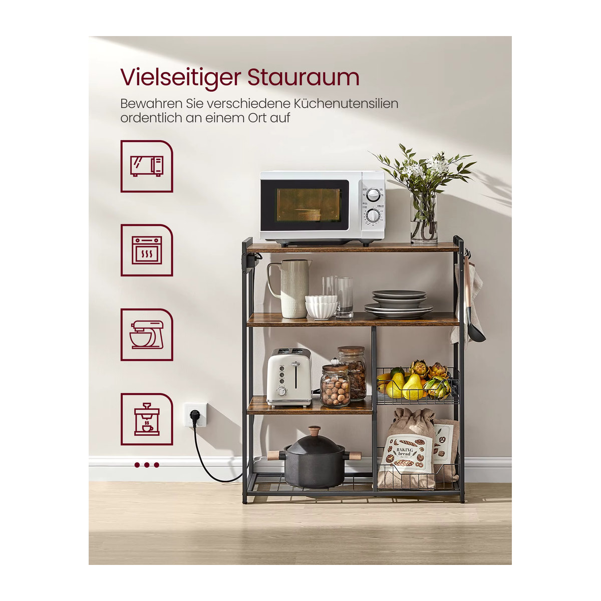 VASAGLE Küchenregal im Industrie-Design mit Steckdosen und 2 Metallkörben, Farbe: Braun/Tintenschwarz, B/T/H: 80 x 35 x 93,5 cm - Bild 2