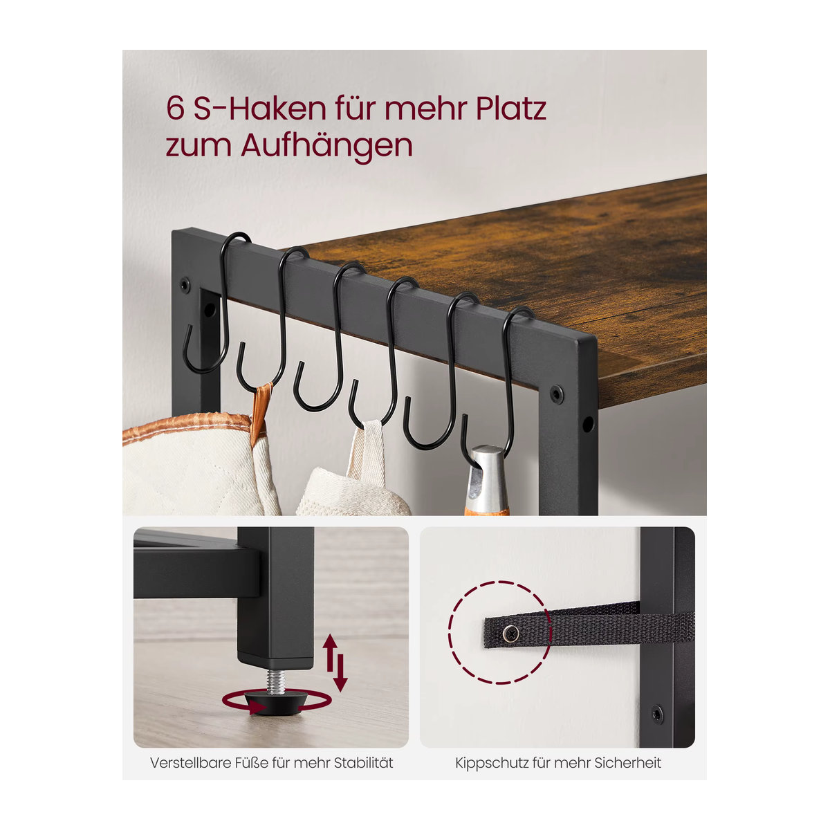 VASAGLE Küchenregal im Industrie-Design mit Steckdosen und 2 Metallkörben, Farbe: Braun/Tintenschwarz, B/T/H: 80 x 35 x 93,5 cm - Bild 3