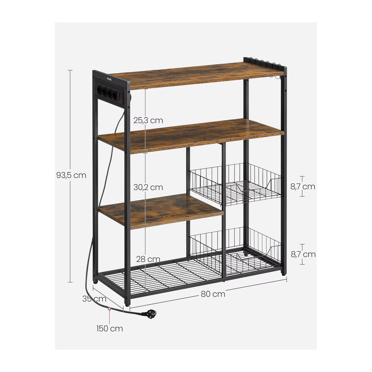 VASAGLE Küchenregal im Industrie-Design mit Steckdosen und 2 Metallkörben, Farbe: Braun/Tintenschwarz, B/T/H: 80 x 35 x 93,5 cm - Bild 4