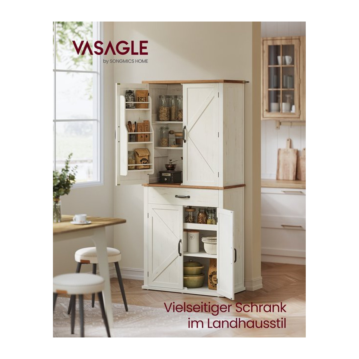 VASAGLE Küchenschrank in Weiß im Landhausstil mit Schiebetüren und Schublade, Höhe: 178,6 cm - Bild 1