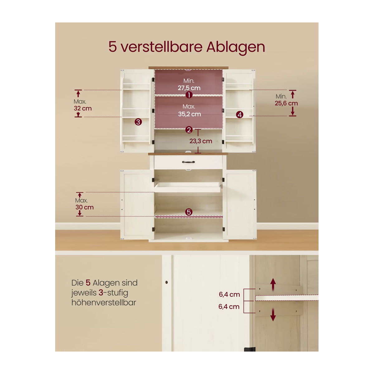 VASAGLE Küchenschrank in Weiß im Landhausstil mit Schiebetüren und Schublade, Höhe: 178,6 cm - Bild 4