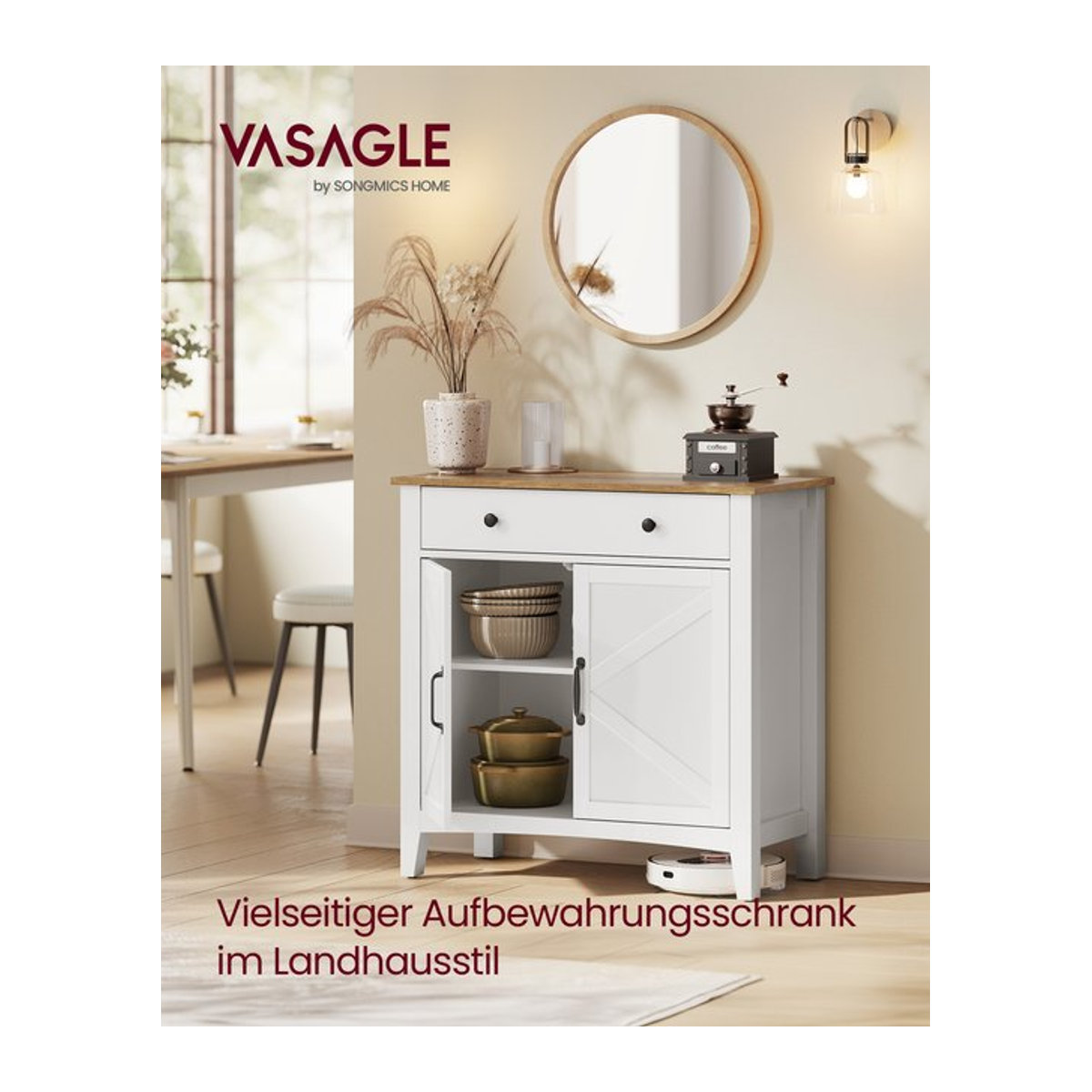 VASAGLE Küchenschrank Sideboard in Landhausstil mit Schubladen und Drehtüren, Farbe: Vintageweiß-Honigbraun - Bild 1