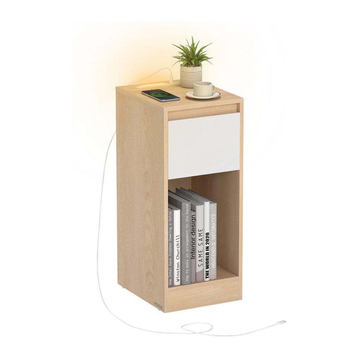 VASAGLE Nachttisch im skandinavischen Design mit LED-Beleuchtung, USB-A und USB-C Anschluss, Schublade und offenem Fach in Beige - Bild 1