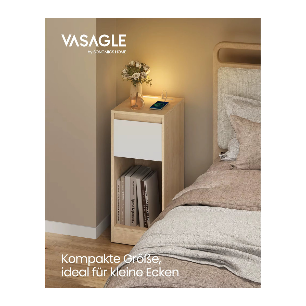 VASAGLE Nachttisch im skandinavischen Design mit LED-Beleuchtung, USB-A und USB-C Anschluss, Schublade und offenem Fach in Beige - Bild 2