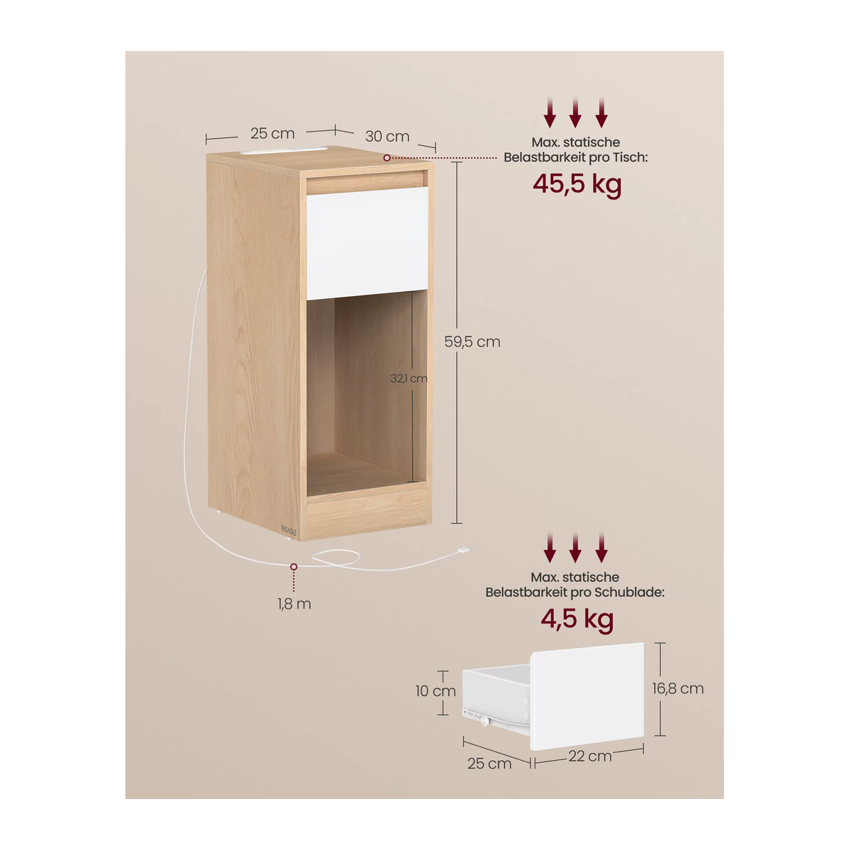 VASAGLE Nachttisch im skandinavischen Design mit LED-Beleuchtung, USB-A und USB-C Anschluss, Schublade und offenem Fach in Beige - Bild 4