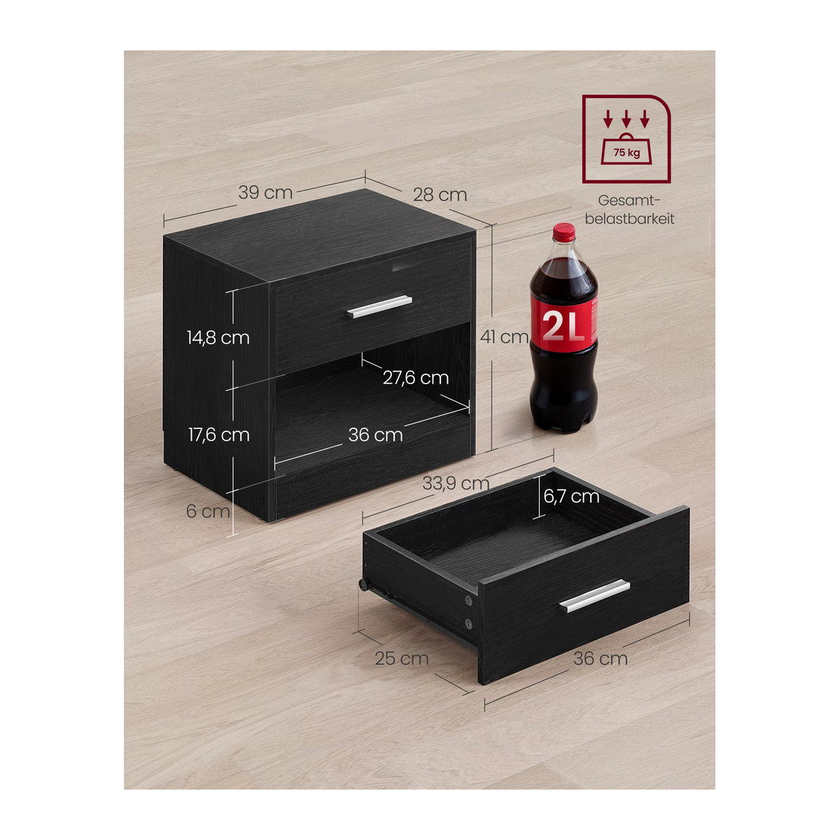 VASAGLE Nachttisch und Beistelltisch in Schwarz mit Schublade und offenem Fach im modernen Design - Bild 4