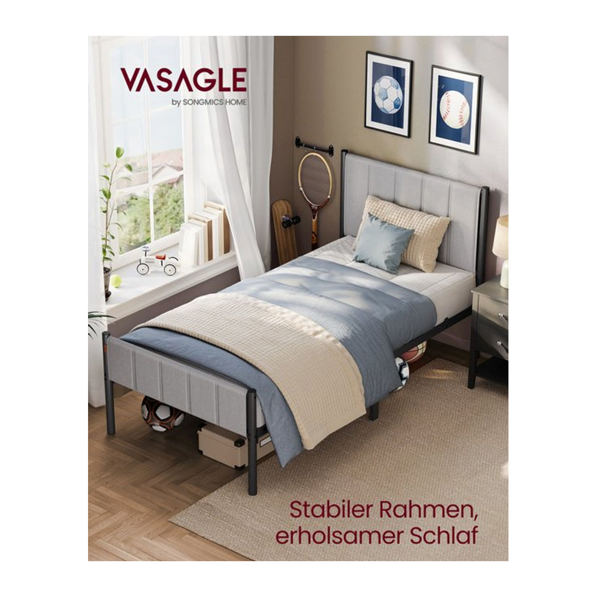 VASAGLE Polsterbett in Grau mit gepolstertem Kopfteil aus Stahl, Modernes Bettgestell B: 160 cm x T: 200 cm x H: 160 cm - Bild 1
