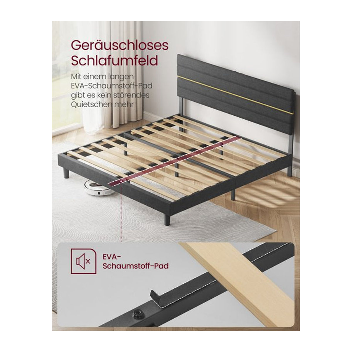 VASAGLE Polsterbett Modern in Grau mit verstellbarem Kopfteil aus Massivholz und Metall, B/T/H: 180 x 202 x 116,5 cm - Bild 1