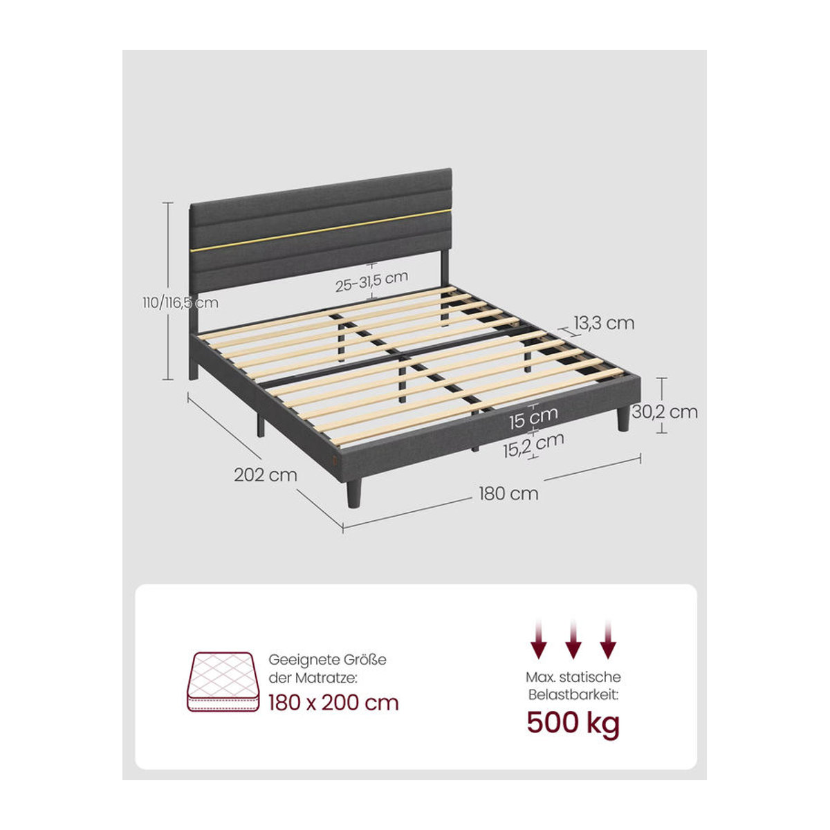VASAGLE Polsterbett Modern in Grau mit verstellbarem Kopfteil aus Massivholz und Metall, B/T/H: 180 x 202 x 116,5 cm - Bild 2