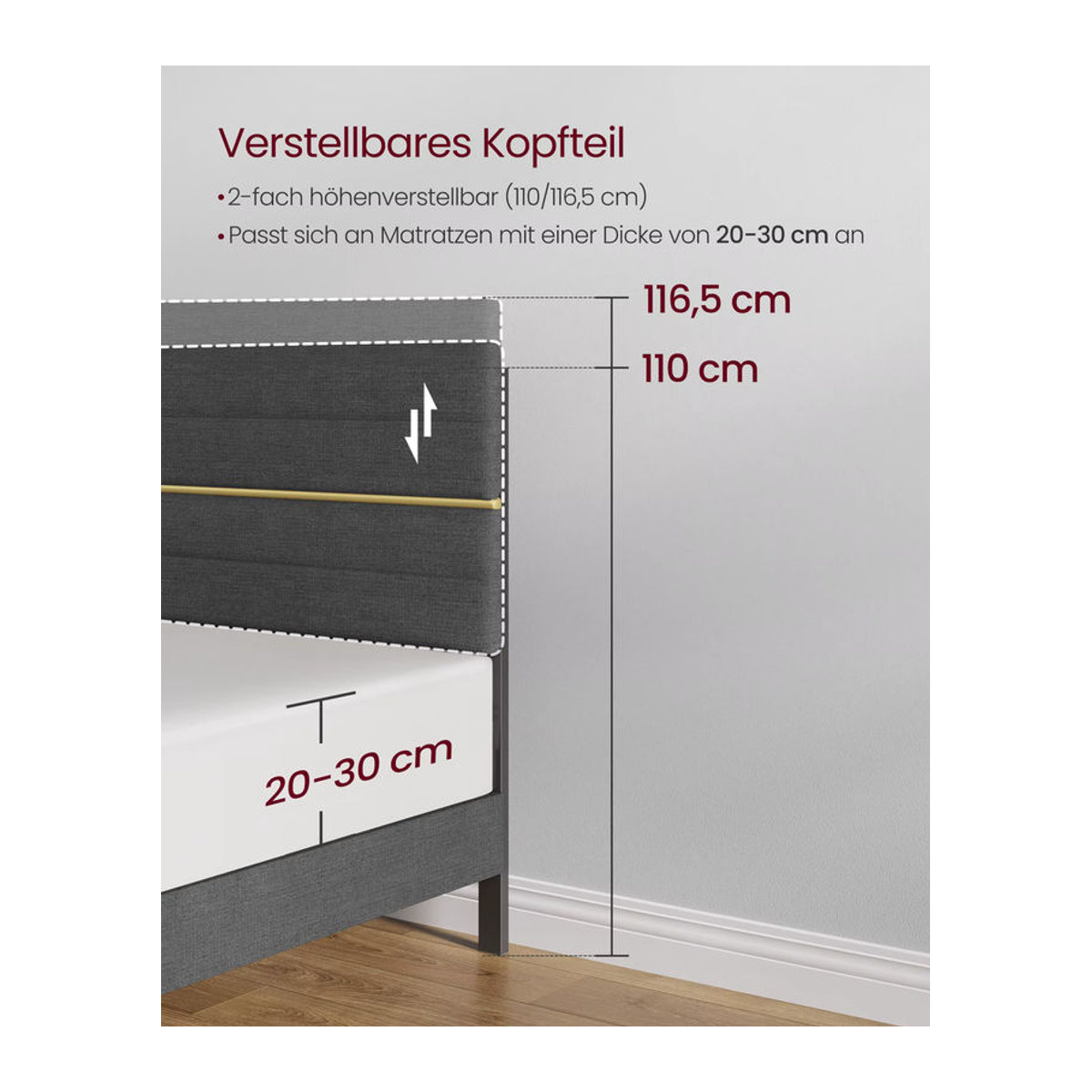 VASAGLE Polsterbett Modern in Grau mit verstellbarem Kopfteil aus Massivholz und Metall, B/T/H: 180 x 202 x 116,5 cm - Bild 3