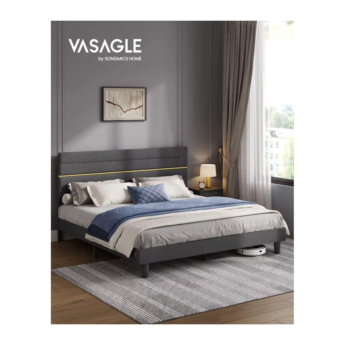 VASAGLE Polsterbett Modern in Grau mit verstellbarem Kopfteil aus Massivholz und Metall, B/T/H: 180 x 202 x 116,5 cm - Bild 4
