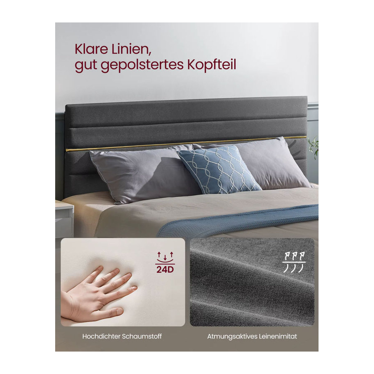 VASAGLE Polsterbett Modern in Grau mit verstellbarem Kopfteil aus Massivholz und Metall, B/T/H: 180 x 202 x 116,5 cm - Bild 5