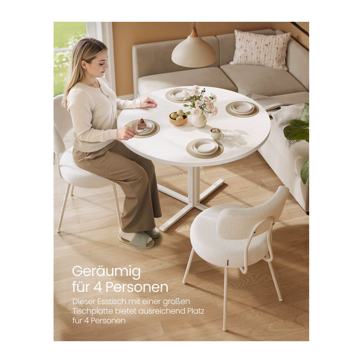VASAGLE Runder Esstisch im Landhausstil für 4 Personen, Eiche Natur und Weiß - Bild 3