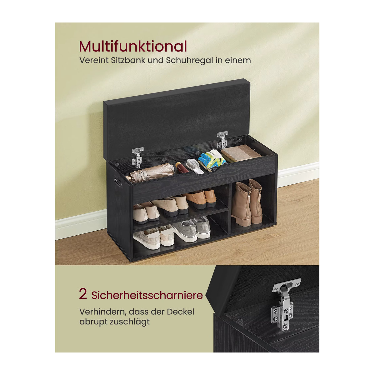 VASAGLE Schuhbank mit gepolsterter Sitzfläche aus Kunstleder und Stauraum für Flur und Wohnzimmer, Schwarz oder Weiß - Bild 5