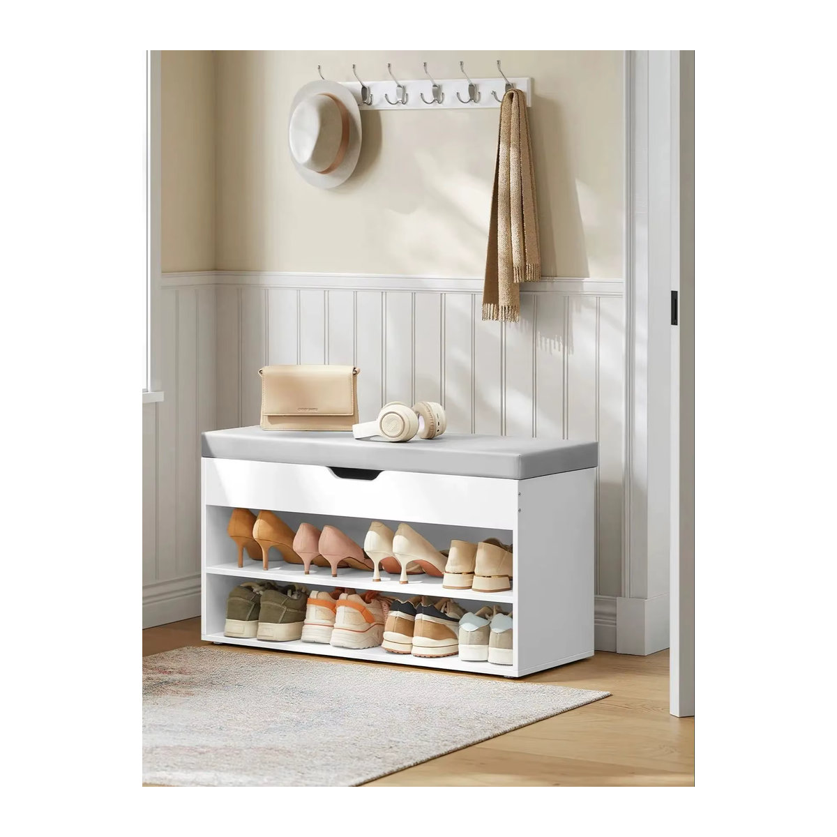 VASAGLE Schuhbank mit Sitzkissen und 3 Ebenen, modern und minimalistisch, Weiß-Grau, B/T/H: 80 x 30 x 44 cm - Bild 1