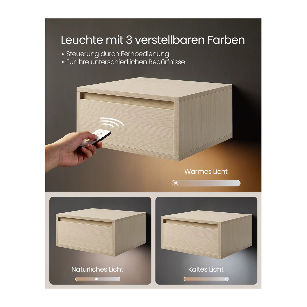 VASAGLE Schwebender Nachttisch in Schwarz mit 3 Lichtfarben und Schublade im modernen Design - Bild 3