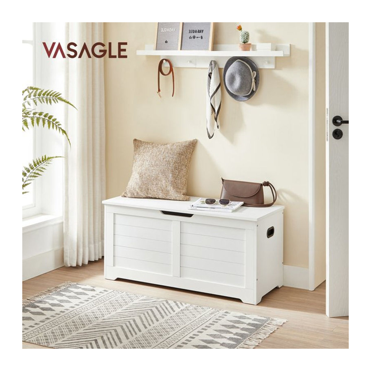 VASAGLE Sitzbank als Aufbewahrungsschrank und Spielzeugtruhe in Weiß im Landhausstil, B/T/H: 100 x 40 x 46 cm - Bild 1