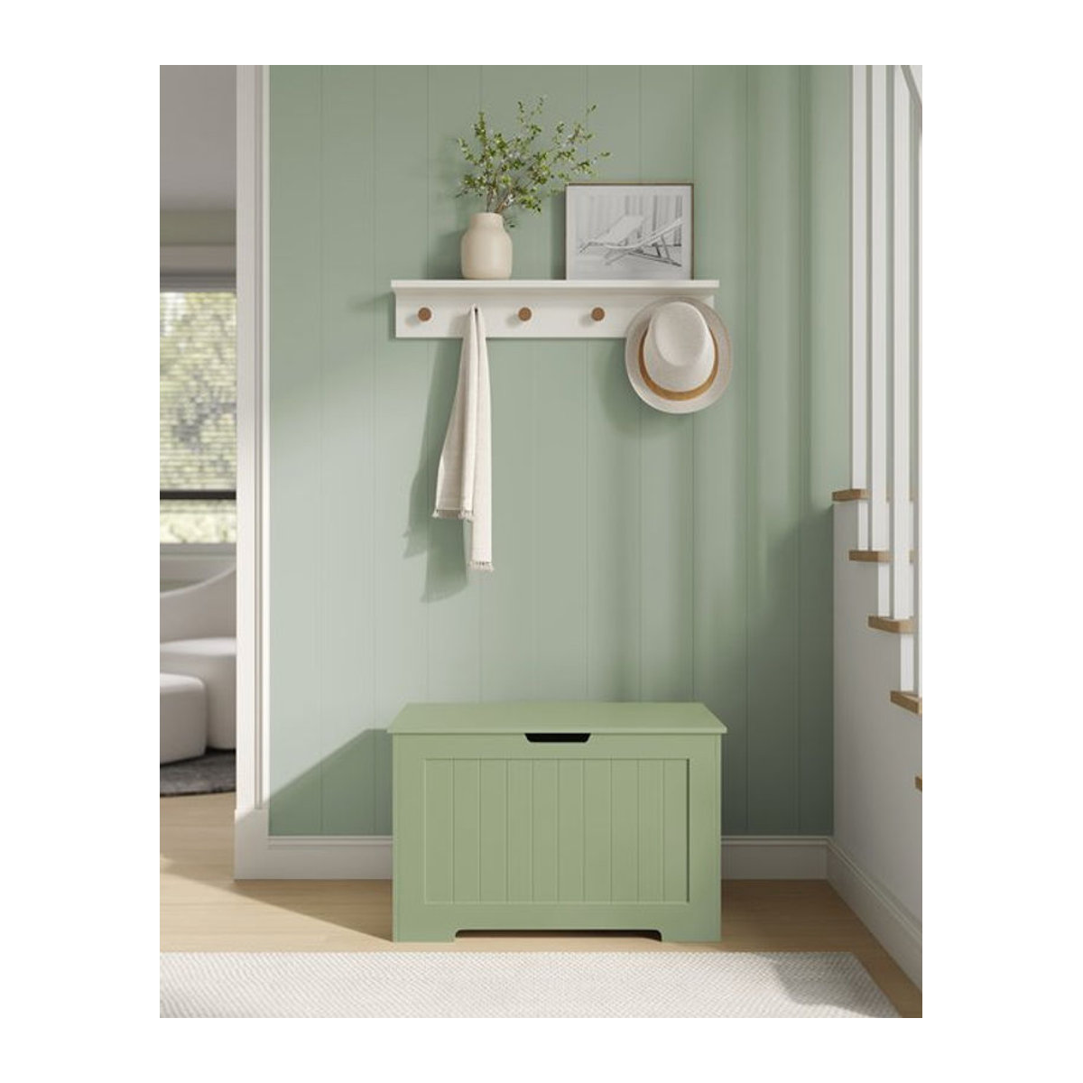 VASAGLE Sitzbank im Landhausstil, Weiß/Grün, L x B x H: 76 x 40 x 48 cm - Bild 1